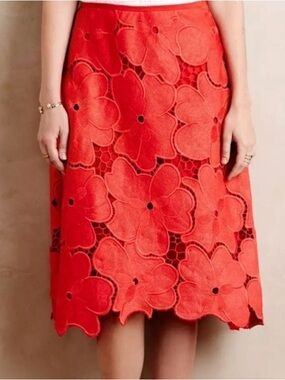 Cynthia Rowley Coral Red Floral Lace A-Line Midi Skirt